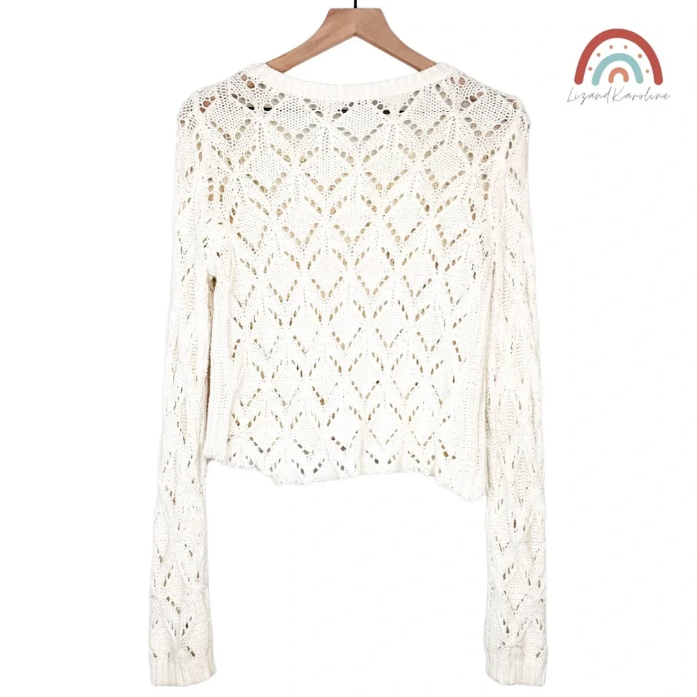 Loft Geo Pointelle Knit Crochet Dristressed Chewed Hem Sweater - Picture 3 of 10